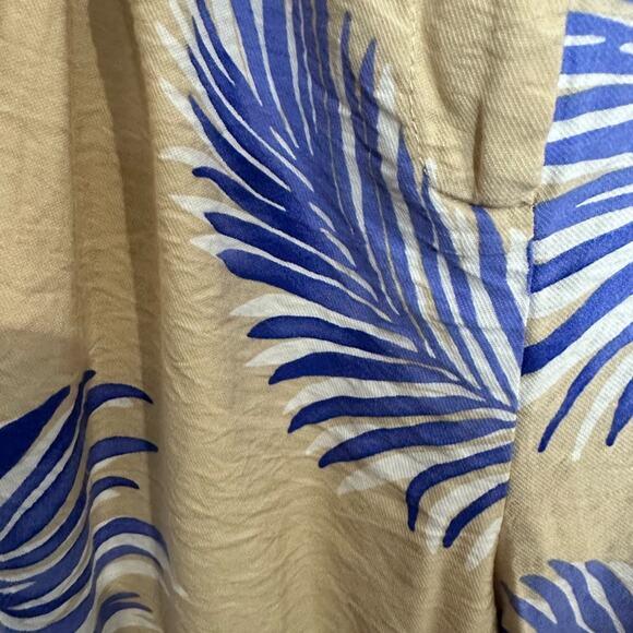 FRNCH Wide Leg Palm Leaf Pants, Crinkle, Taupe and Blue, Boho, High Rise Small - Picture 6 of 9